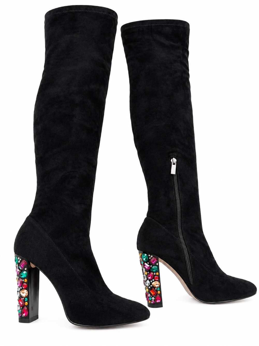 Black Knee-High Suede Boots with Embellished Heel